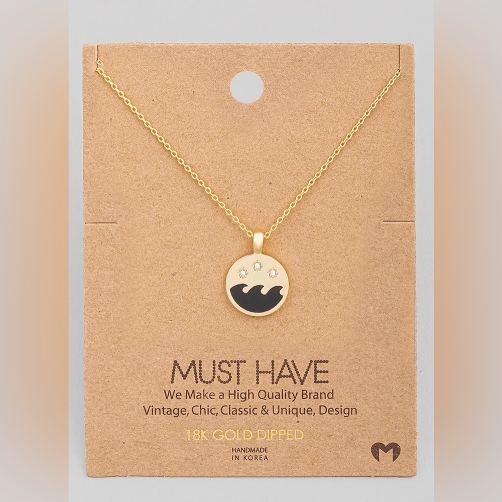 18K wave and stars coin Pendant Necklace